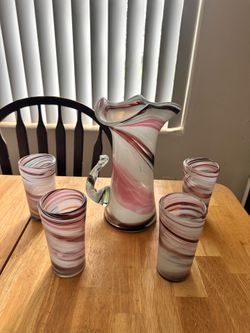 Vintage Mid-Century Pink & Amethyst Swirl Art Glass Pitcher & 4 Tumblers Set