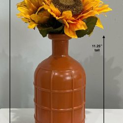 Freshly Painted Rustic Orange Thick Glass Vase with Squares Pattern & Faux Sunflowers
