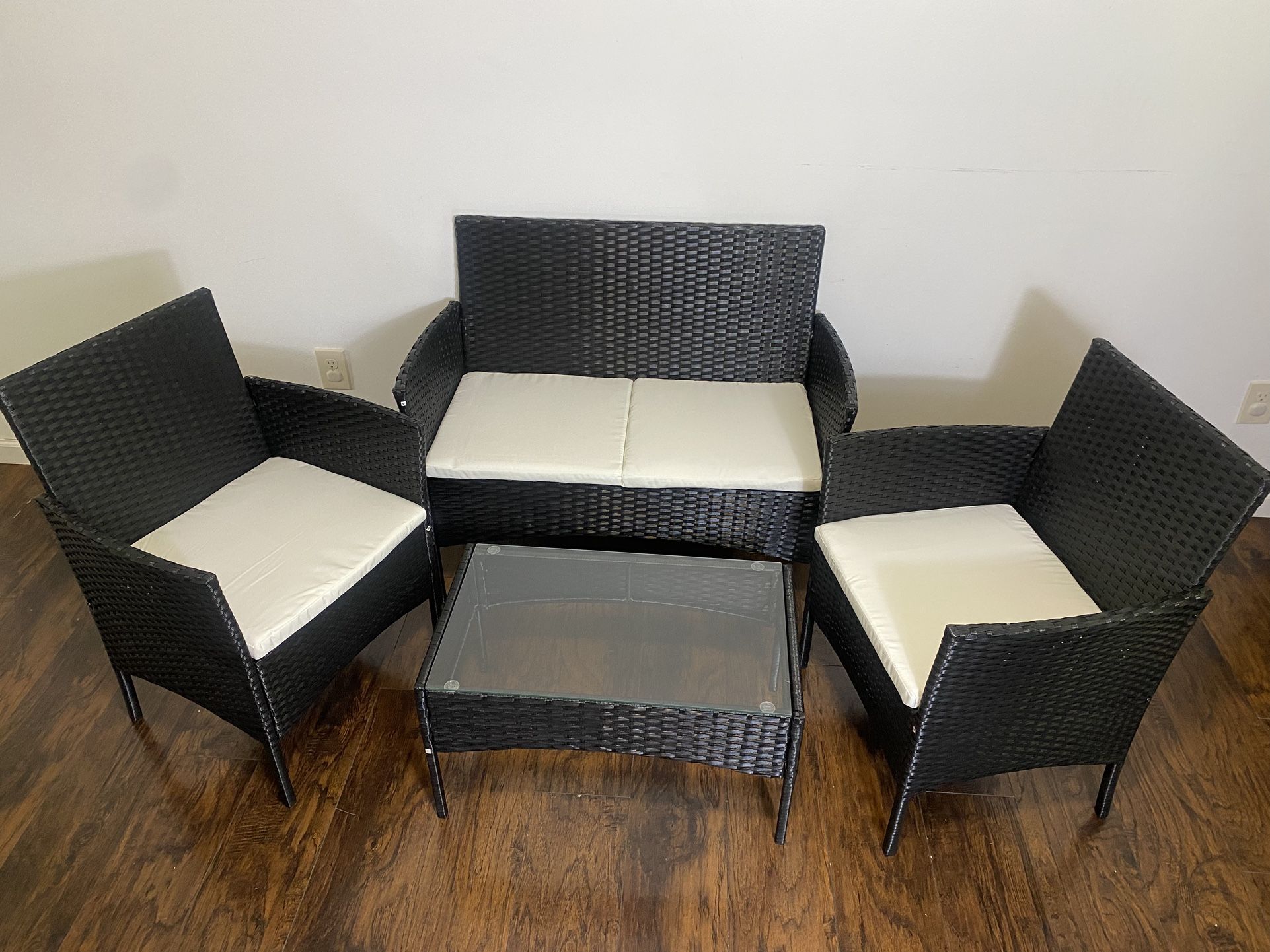 Patio Rattan Furniture Set, Black, 4 Pieces Outdoor Wicker Rattan Conversation Set Sofa Seating Set with Coffee Table