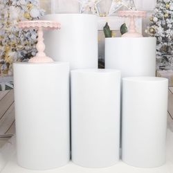 Cylinder Stands for Party, 5Pcs Set, Sturdy Metal Round Pedestal Stands for Wedding Party Art Decor, Dessert Table (White-5pcs)