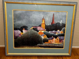 Pair of Large Vintage Framed Village Prints – 36” x 29”