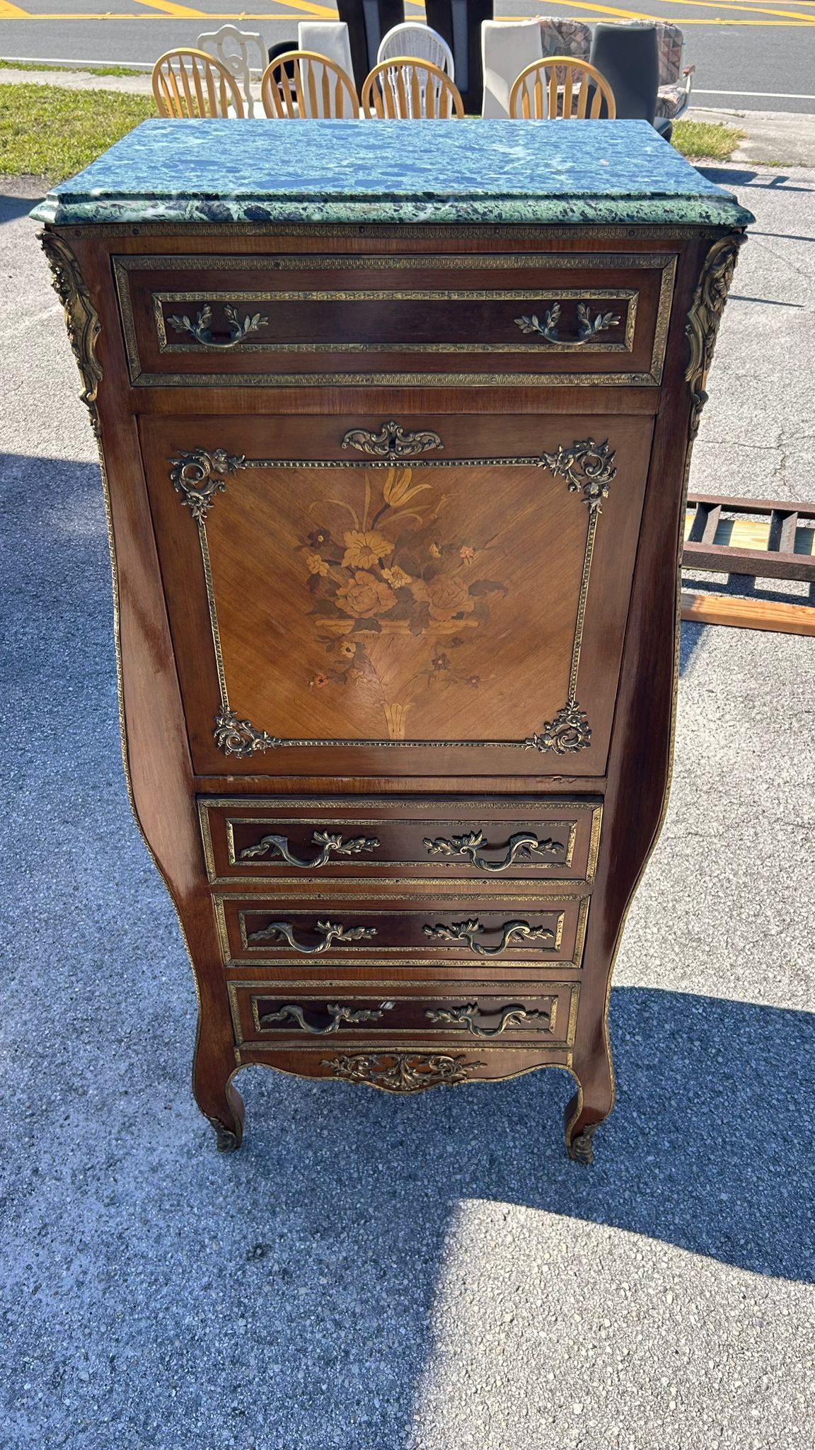 20th Century French Louis XV Walnut Marquetry Secretary Chest With Marble Top