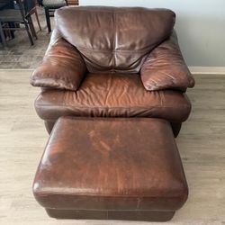 Brown leather sofa with ottoman