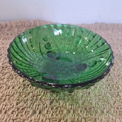 FIRE KING FOREST GREEN OYSTER & PEARL BUBBLE SMALL FOOTED BOWL