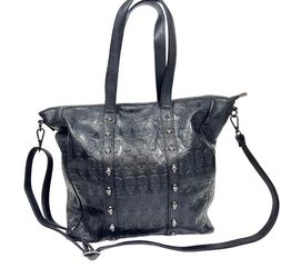 Skull Boss Trap Tote Bag Embossed Studded Rivets Faux Black Leather