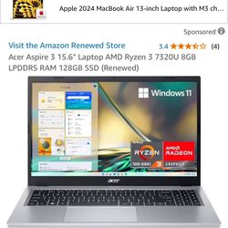 Acer Aspire 3 15.6" Laptop AMD Ryzen 3 7320U 8GB LPDDR5 RAM 128GB SSD 