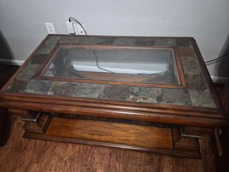3 piece set. Solid wood and Slate Tile Coffee Table with Glass Insert. Two solid wood and tile side tables