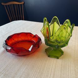 Mid-Century Art Glass Pair – Viking Green & Ruby Red
