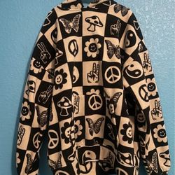 Pacsun Unisex Fleece Hoodie — Retro Peace & Checkerboard Print, Size Small