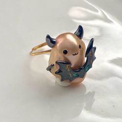 Halloween Collection Natural Gold Flameball Pearl Ghost Adjustable Ring