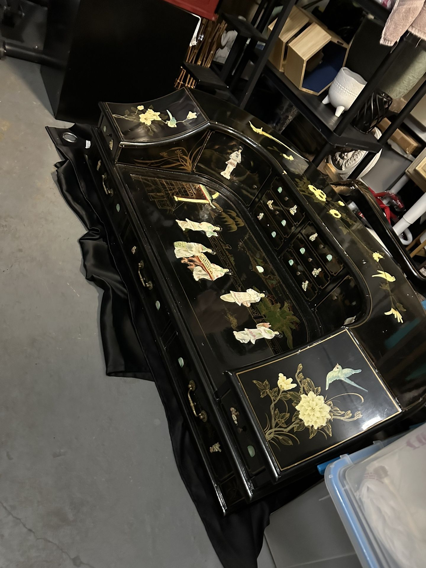 Black Lacquer Asian Mother Of Pearl Inlay Writing Table Desk 50x30