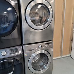 LG Front Load Washer and Stackable Gas Dryer Set in Stainless Steel both with Steam