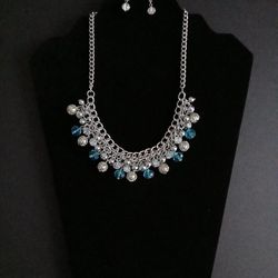 Blue and Silver Beaded Chain Necklace with Earrings