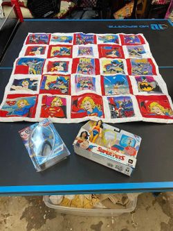 Hand quilted girl Superhero 36x36 throw blanket with nib Batgirl and Wonder Woman action figures.