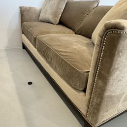 Modern Taupe Velvet Sofa – Nailhead Trim (Approx. 80”)