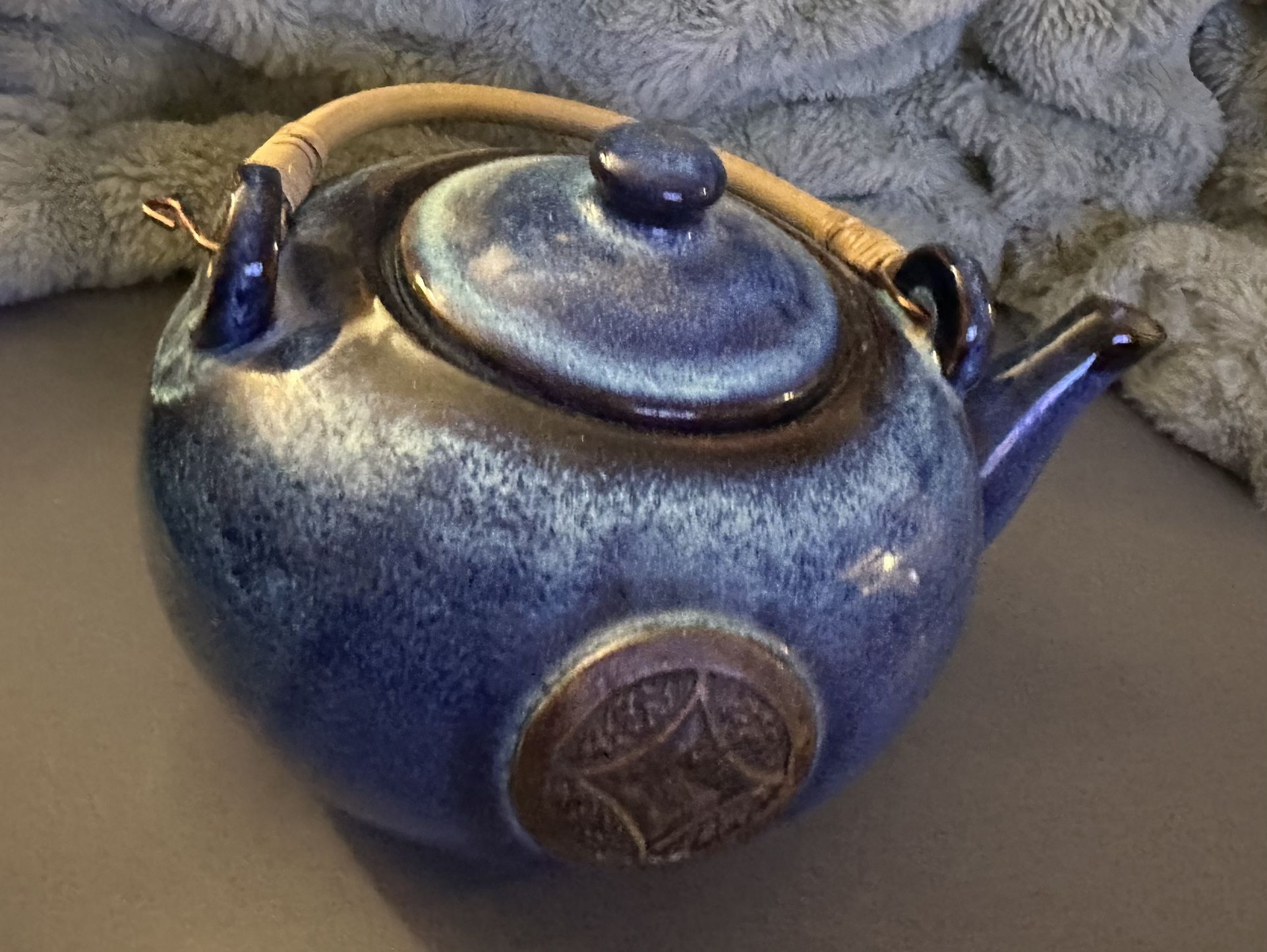Gorgeous Royal Blue Vintage High Gloss Glazed Earthenware Tea Kettle W/ Ratan Handle!