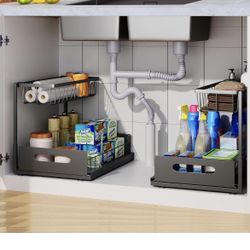 New Open Box 2 Pack 2-Tier Sliding Cabinet Basket Organizer Drawer Pull Out Cabinet Organizer Farmhouse Style Under Sink Metal Organizers and Storage