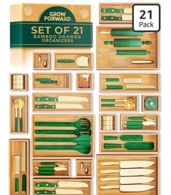Grow Forward Bamboo Drawer Organizer Boxes - Set of 21