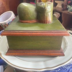 Wood Kitty Cat Jewelry Trinket Box 
