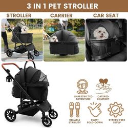 🔥 Pet Stroller with 4 Wheels, Foldable Pet Travel Carrier for Small/Medium Dogs Cats up to 50lbs, Detachble Portable Pet Bag, Storage Basket, Car Sea