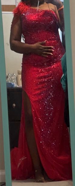Red Sequin One-Shoulder Feather Gown