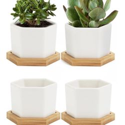 Succulent 4" Pots With Bamboo Tray's, 4 Pack Ceramic Plant Pots NEW, Plants Not
