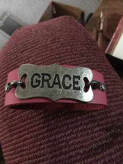 New adjustable pink leather bracelet with the word "Grace"