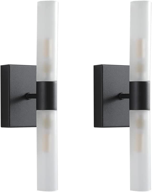 Modern Saber 2 Light Wall Sconce with Frosted Glass Shades Indoor Black Vanity Glass Tube Wall Bar Light for Bathroom Bedroom Hallway