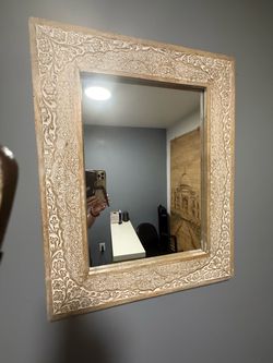 Ornate Carved Wood Wall Mirror – Distressed Whitewash Boho Style