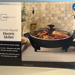Mainstays 12" Round Ceramic Skillet with Glass Lid ,Black,Nonstick, 1200W, Removable Temp Control, Dishwasher Safe