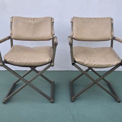 Lot (2) Mid Century Modern Daystrom Style Brass Naugahyde Wood Directors Chairs