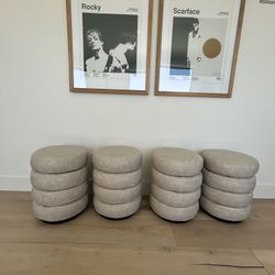 Set of 4 Modern Grey Round Upholstered Storage Ottomans — Like New!