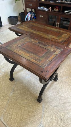 Wood and Slate Top End Tables with Iron Base