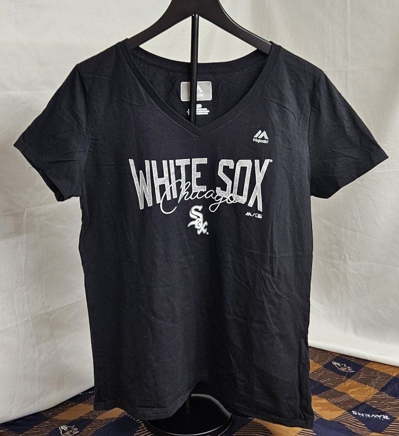 Women's Majestic Chicago White Sox Glitter V-Neck T-Shirt Size Large Black