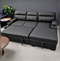 91" Black Performance Fabric Sleeper Sectional Sofa Chaise with Storage Arms and Cupholder