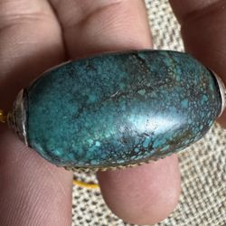 Tibetan Turquoise Pendant/Amulet with Copper and Silver Inlay