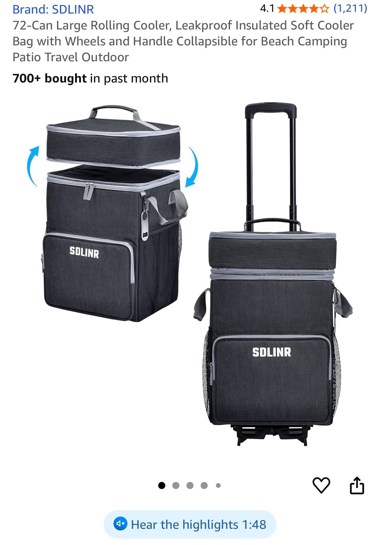 72-Can Large Rolling Cooler, Leakproof Insulated Soft Cooler Bag with Wheels and Handle Collapsible for Beach Camping Patio Travel Outdoor