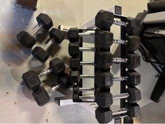 Hex rubber dumbbell set + rack