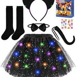 Black Cat Costume for Girls, Kids Halloween Costume with LED Light Up Tutu Skirt for Girls Kids Ages 3 4 5 6 7 8