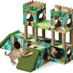 DIY Cat Tree, Multi-Level Cat Tower with Scratching Posts, Scratching Board, Tunnel & Playhouse for Kittens & Multiple Cats, Recyclable Cardboard, 61″