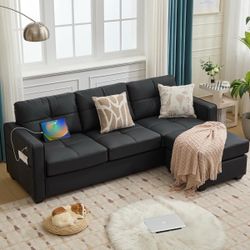Black Sofa Couch Sectional Couches for Living Room, Comfy Faux Leather Modular Convertible L Shaped Sofas with USB & Ottoman, Leather Sectional with S