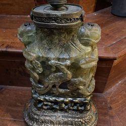 Atq 20s Chinese Carved Bowenite Hardstone Lamp Base TF/JA Carling