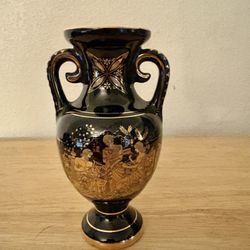 Vintage Vase Urn Ancient Greek Grecian Art Black 24K Gold Decorated Hand Made