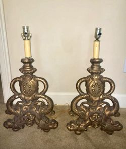 Antique-Pair Of Bronze Andiron Turned Into Lamps