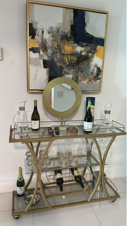 Elegant Gold Bar Cart Set with Glassware, Wine Accessories & Large Abstract Wall Art