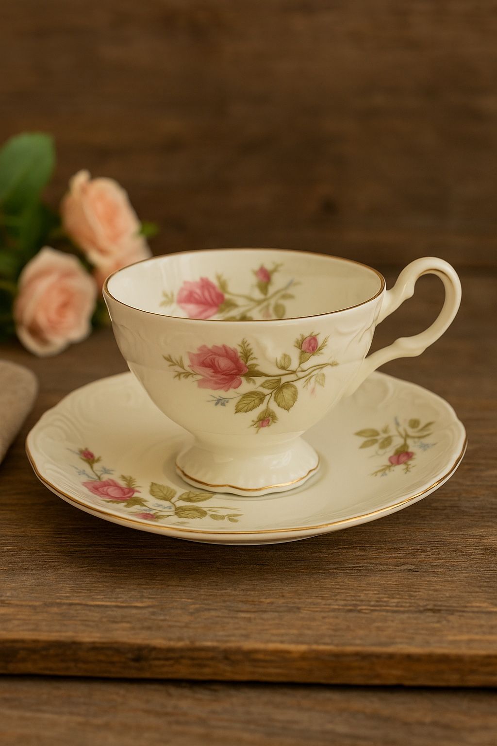 Royal Kent Poland 1960s Pink Rose Embossed Teacup & Saucer Set