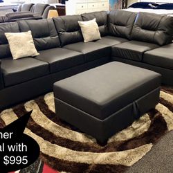 New Leather Sectional With Storage Ottoman 