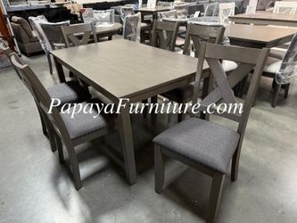 7 Piece Dining Set Table and Chair Set Nail head Nailhead Trim Gray Modern Contemporary Kitchen Fabric Upholstered Cushion Ashley Style Clearance SALE
