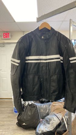 Black Leather Motorcycle Jacket with White Stripes (OBO)