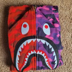 Large Bape Shark Hoodie Purple And Red Full Zip Up 100% Cotton